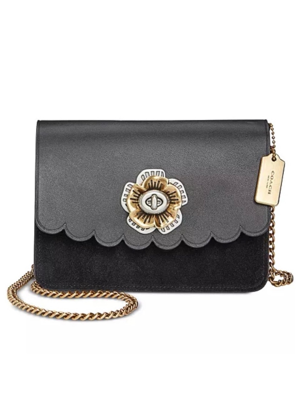 Coach Bowery Mini Black Scalloped Floral-Accent Crossbody with Gold Chain